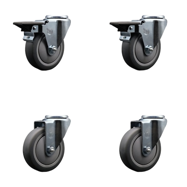 4'' Thermo Rubber Wheel Swivel Bolt Hole Caster Set with 2 Posi Lock Brakes, 4PK